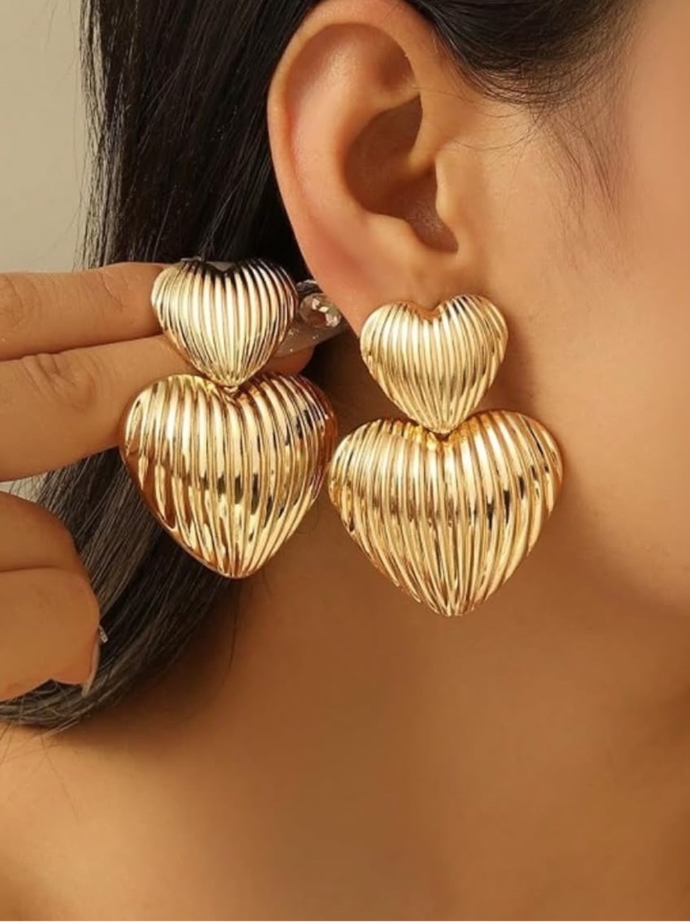 Anthropologie Gold Tone Ribbed Double Heart Drop Earrings